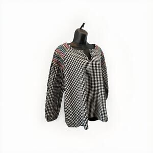 Madewell Top Blouse Shirt Black/White Check Gingham Smocked Embroidery 2XL Women